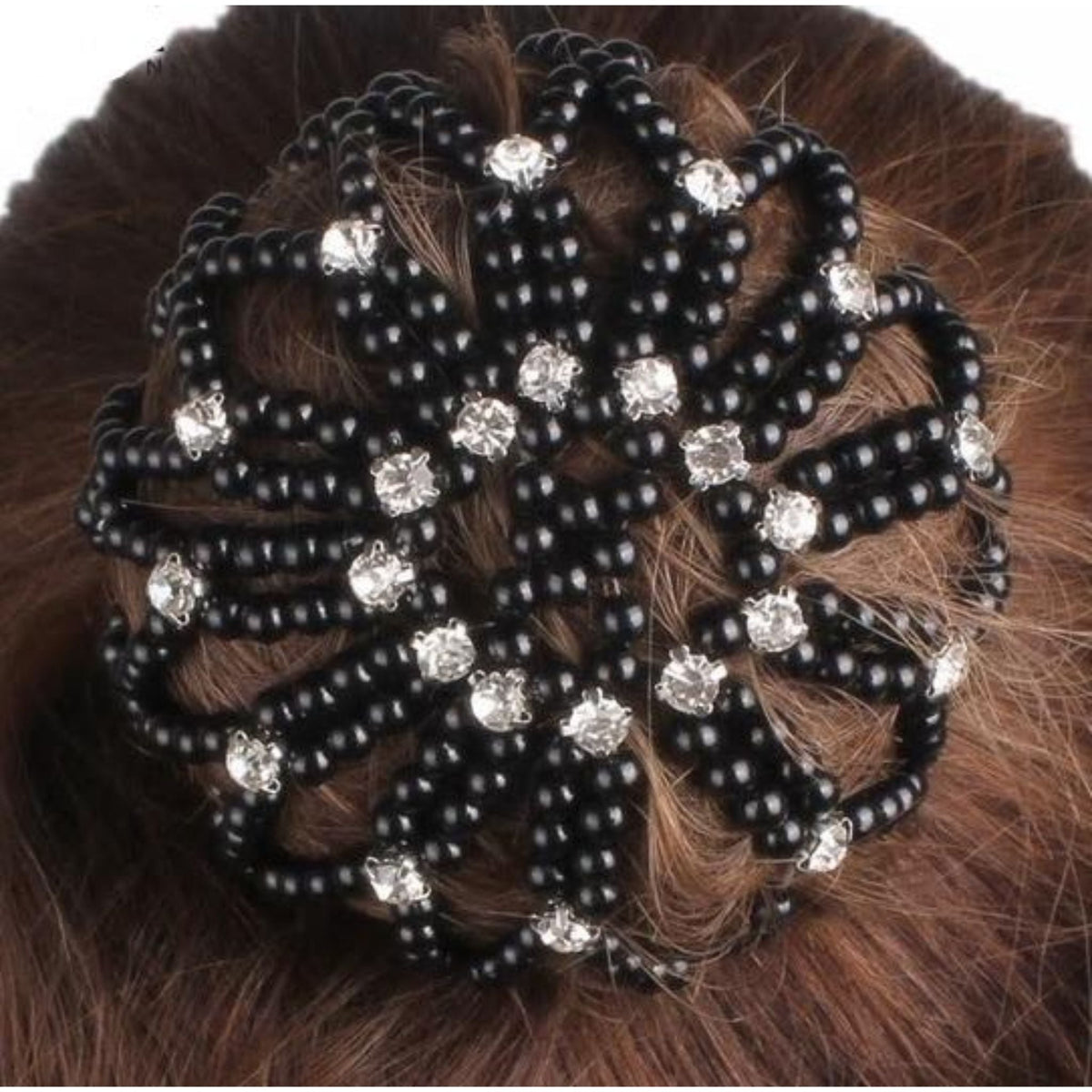 Black Diamante Pearl Hairnet In Hair.