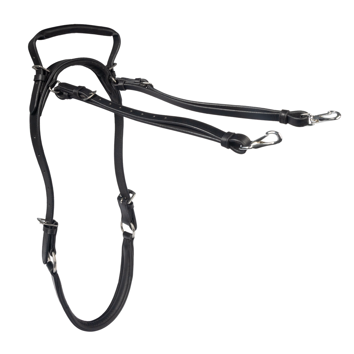 Black neck strap with silver hardware on a white background