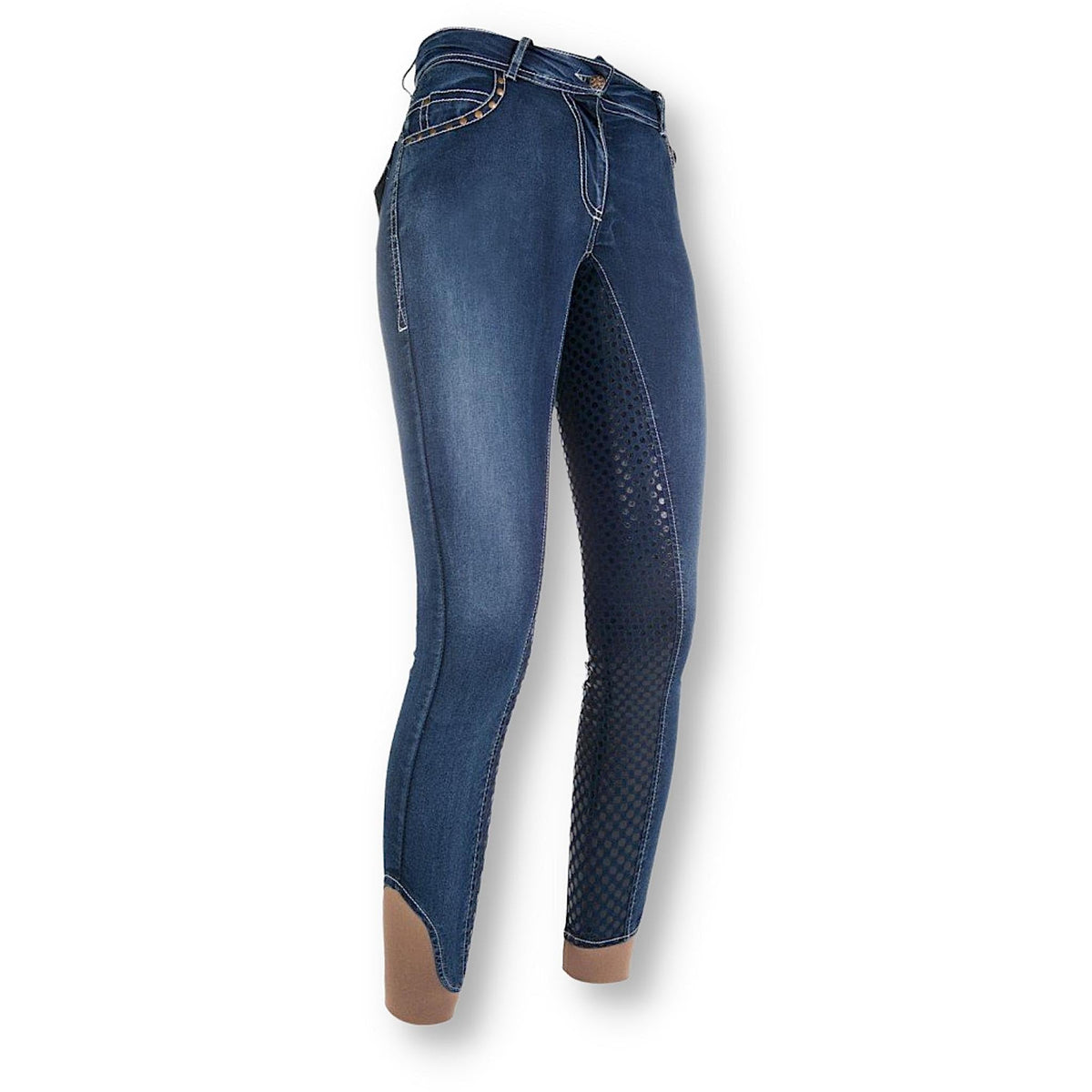 Denim breeches with stretchy beige ankles