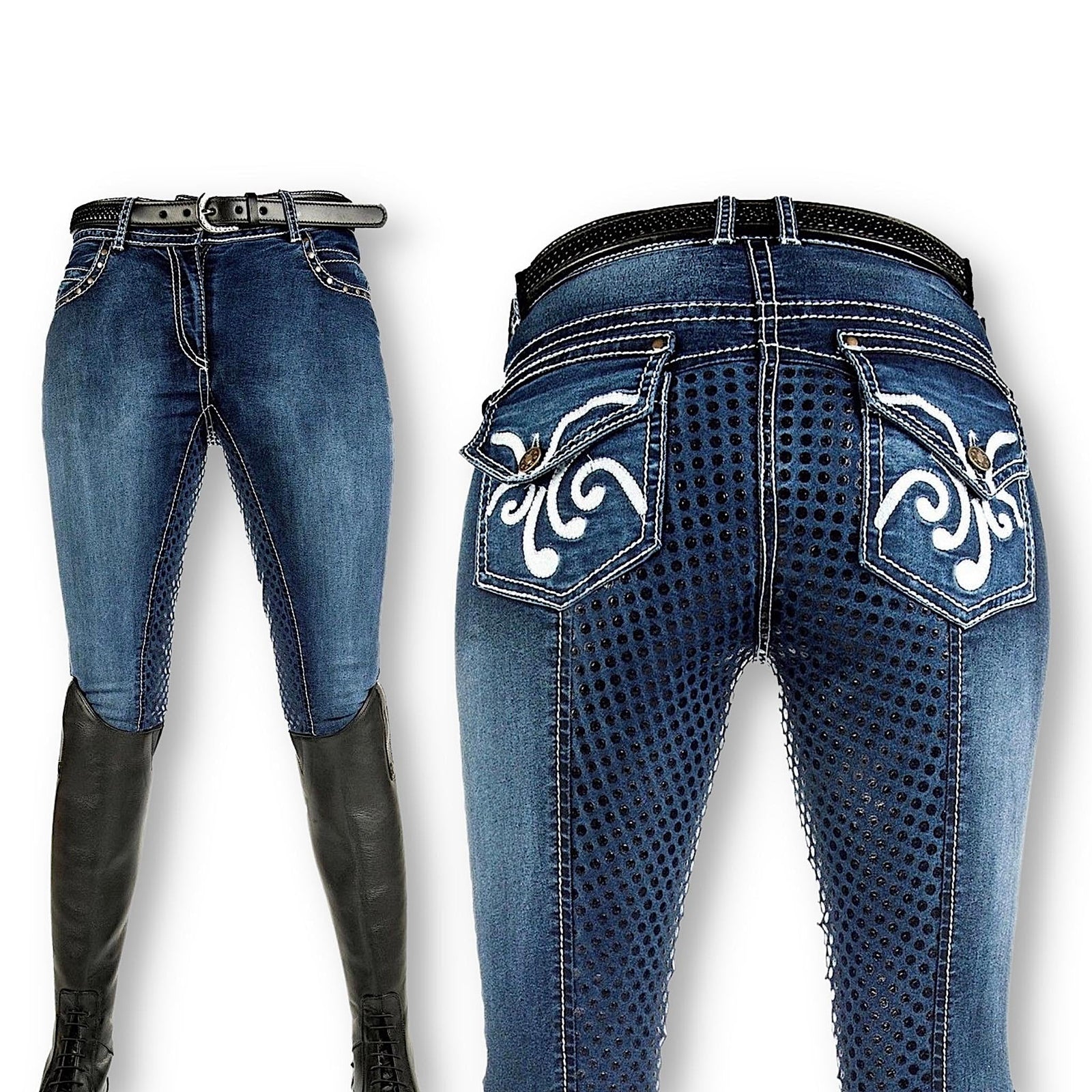 Denim breeches with stretchy beige ankles