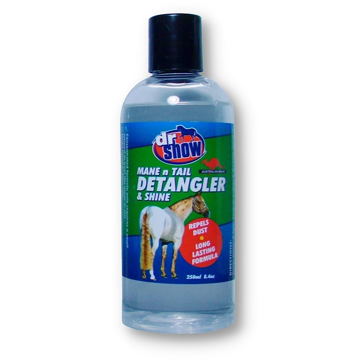 Cylindrical transparent bottle of mane and tail detangler with label around middle.