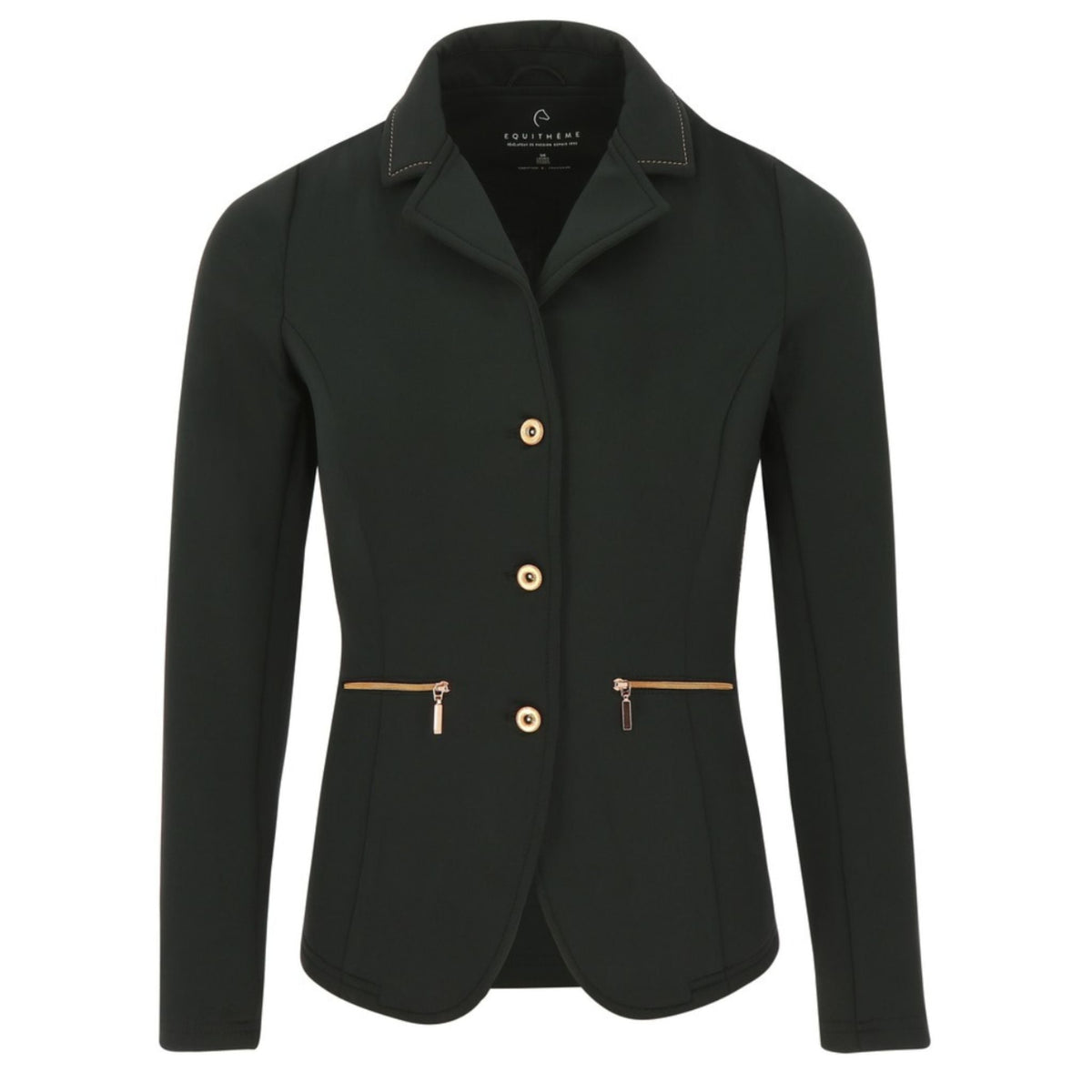 Black Jacket with rose gold buttons, zippers and collar stitching.