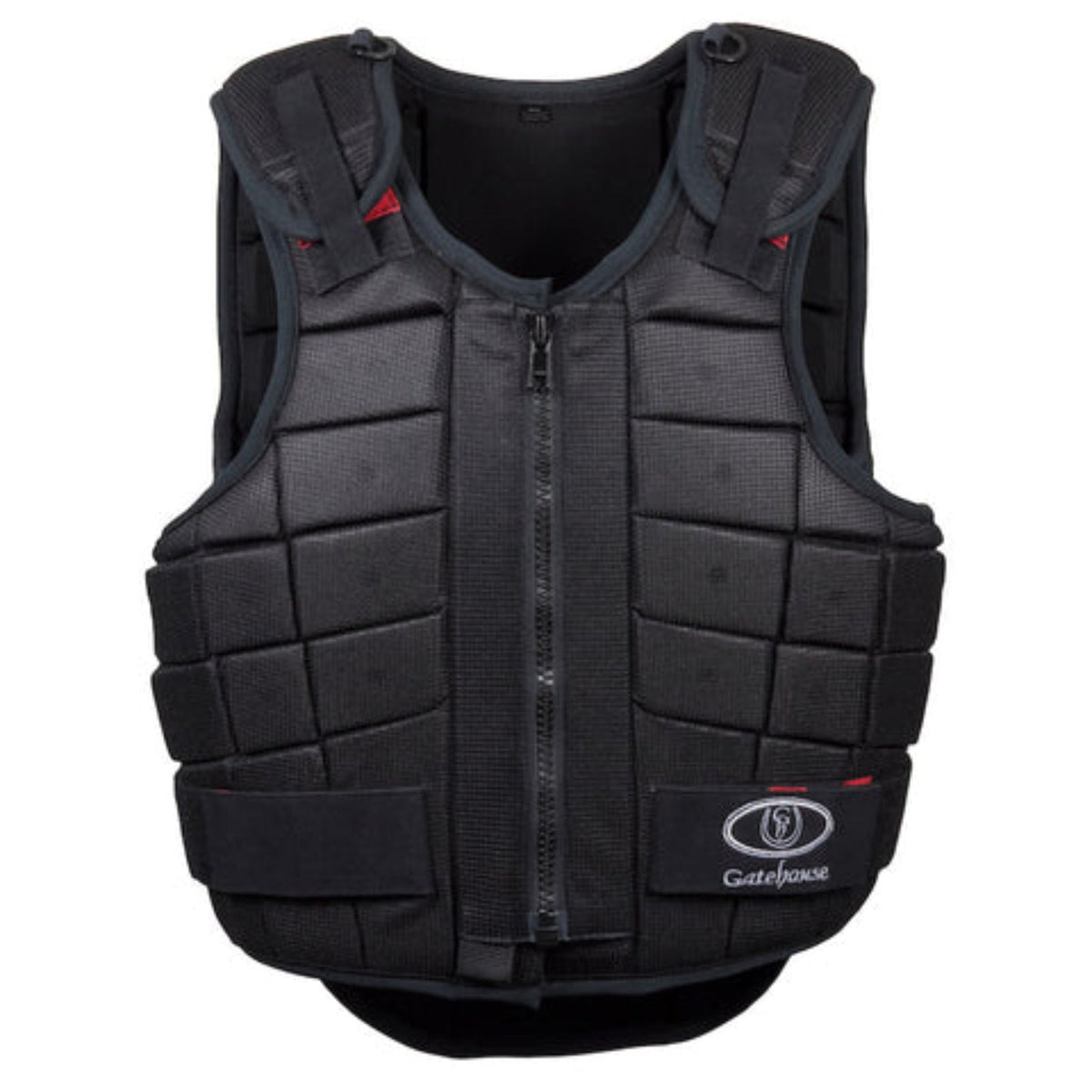  Black body protector with middle zip and fasteners on shoulders and sides.