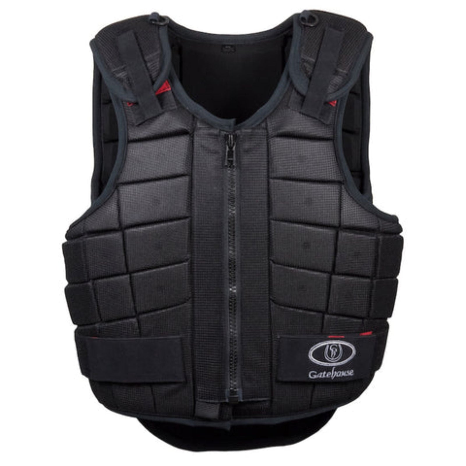  Black body protector with middle zip and fasteners on shoulders and sides.