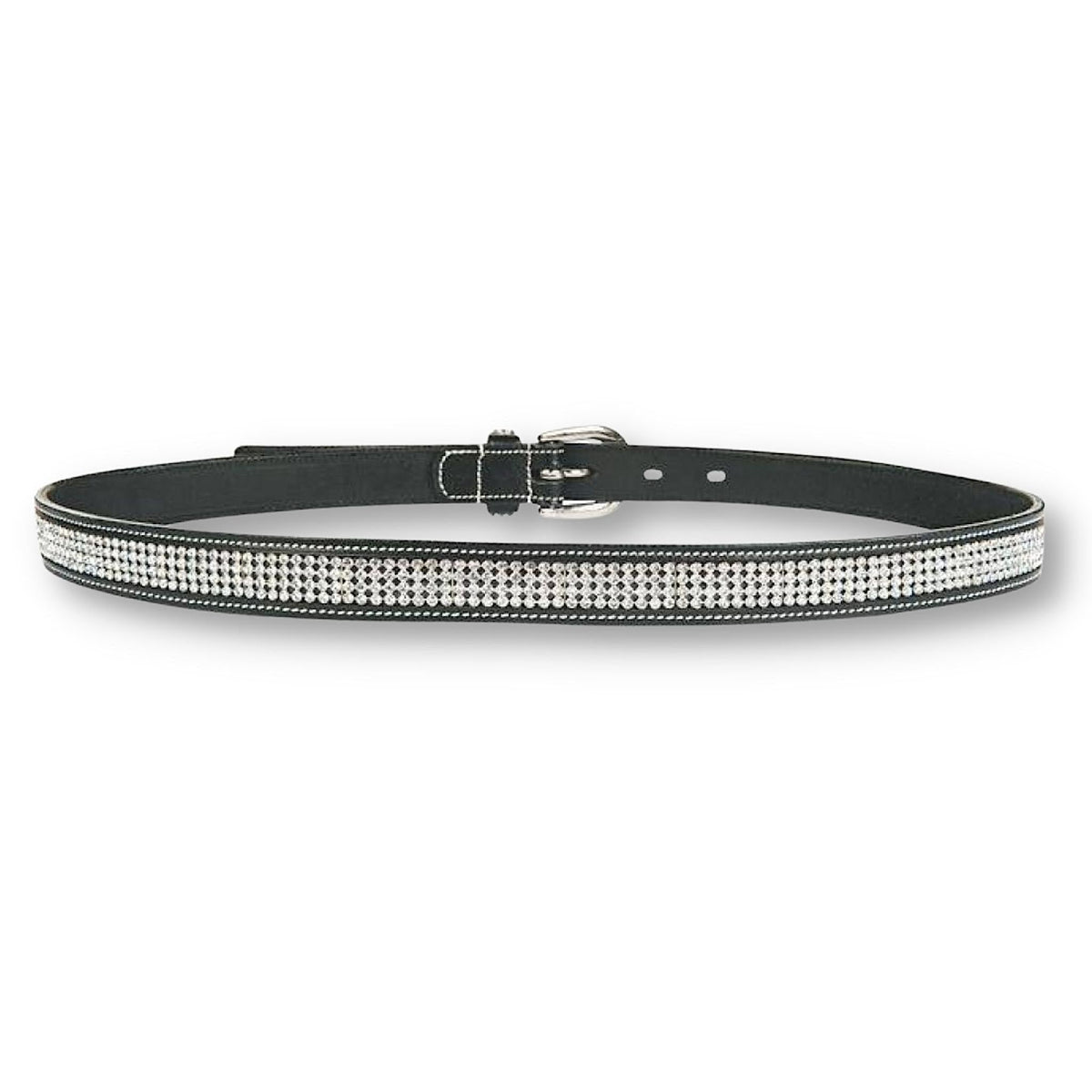 Black leather belt with white thread and rows of clear diamantes.