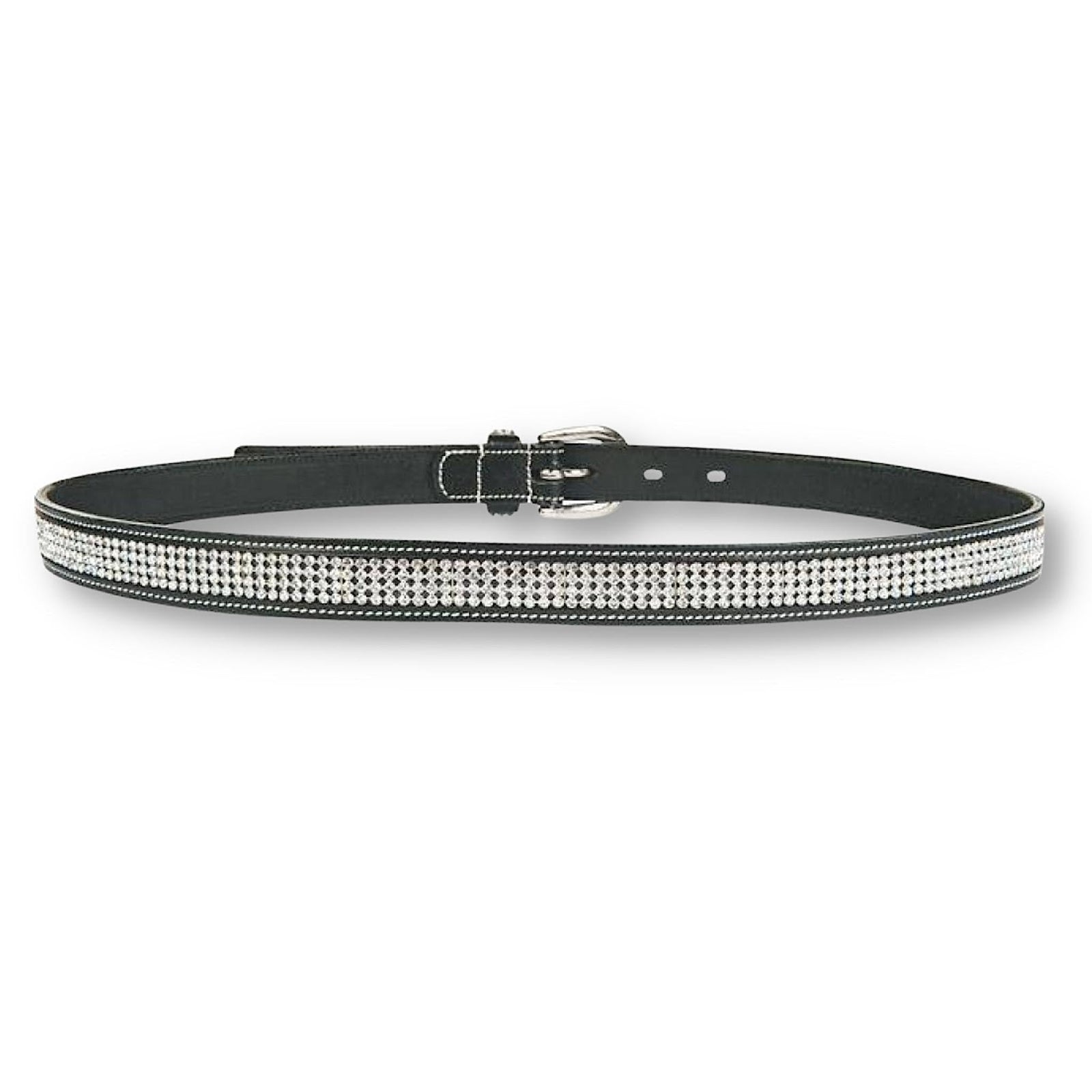 Front of black leather belt with diamante buckle and rows of diamantes.