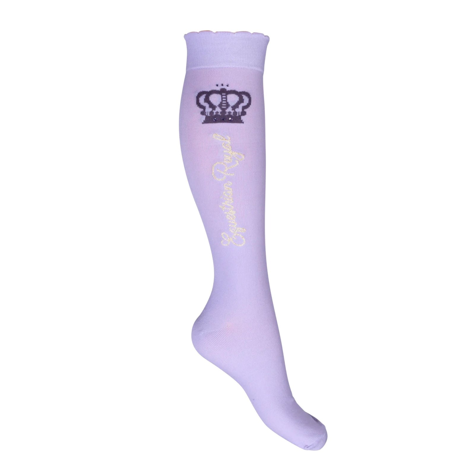 Lavender Bay socks in the colour Lavender detailing the words "equestrian royal" down the side aswell as a crown and diamantes at the top of the socks.