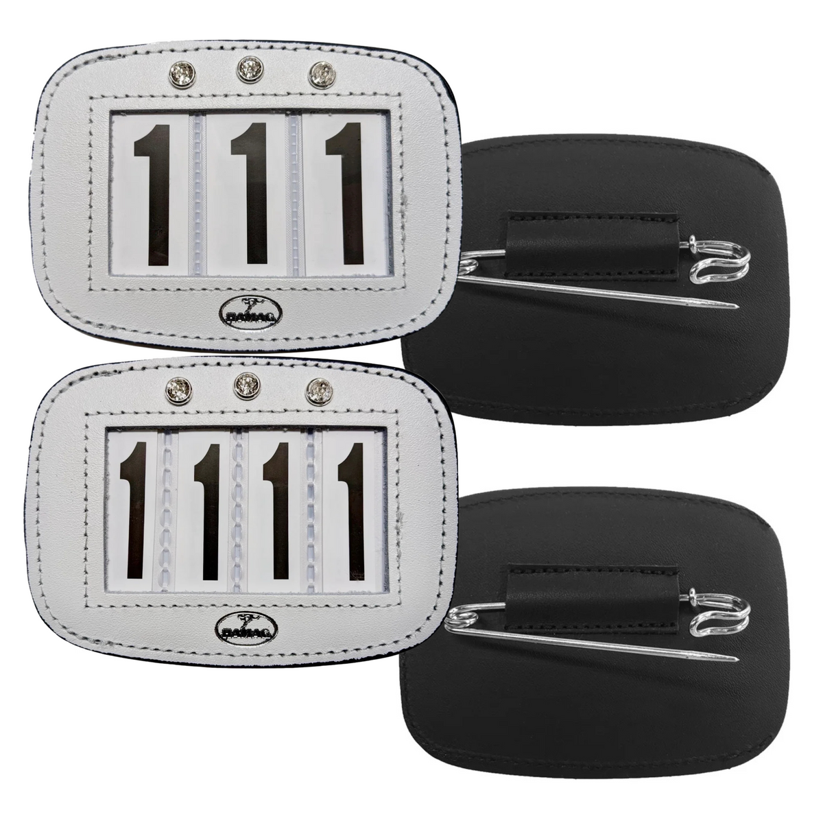 WHITE leather Saddle pad number holders with diamantes