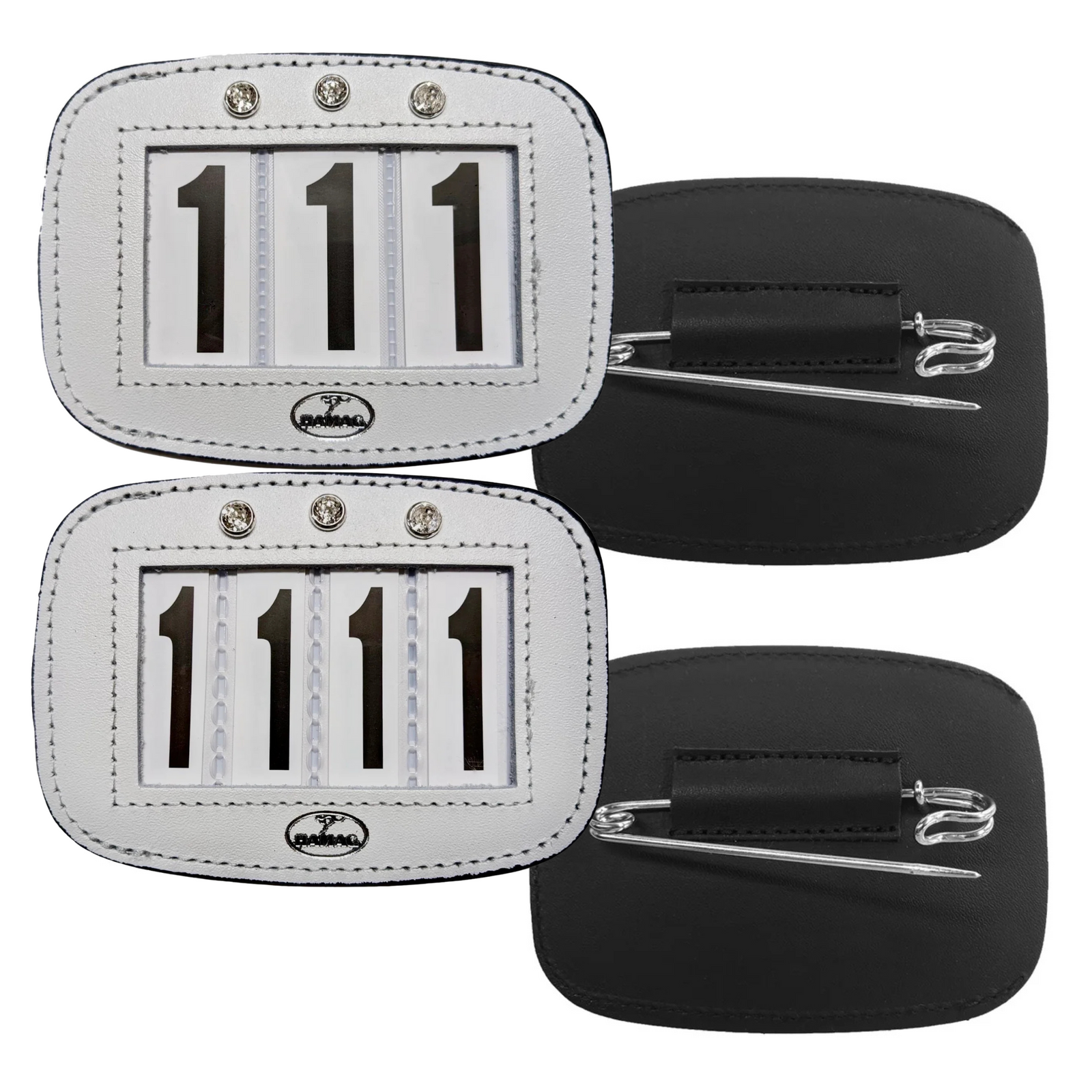 WHITE leather Saddle pad number holders with diamantes