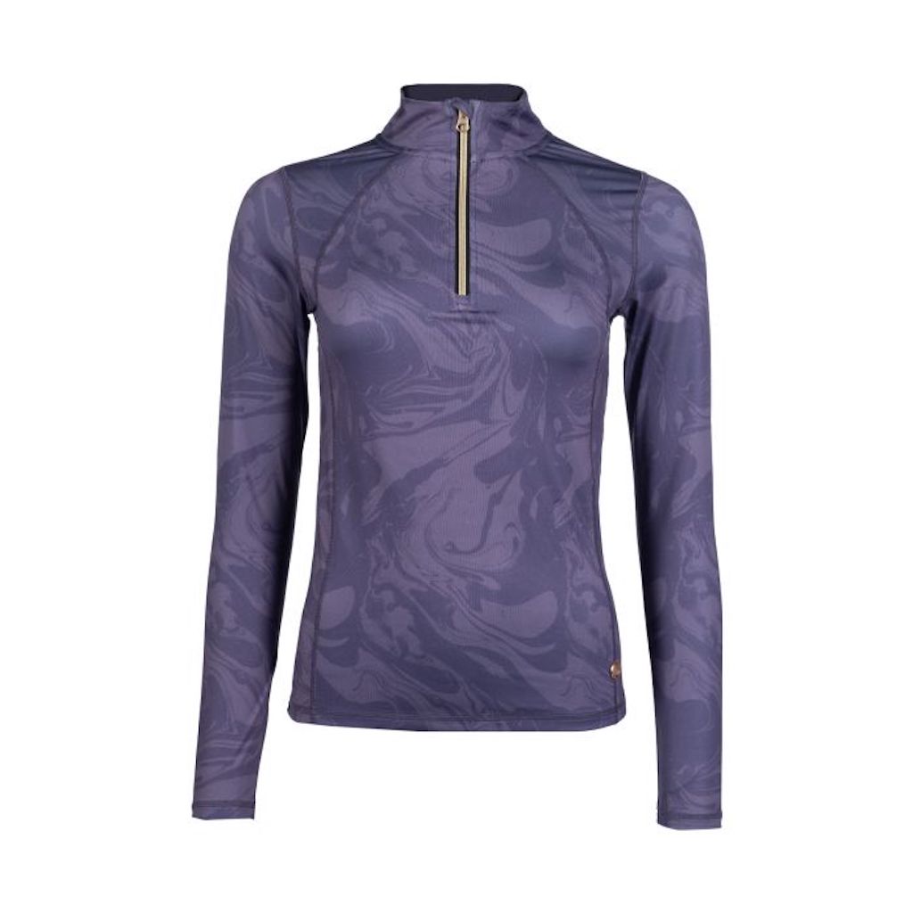 long sleeve purple top with marble pattern and gold zip