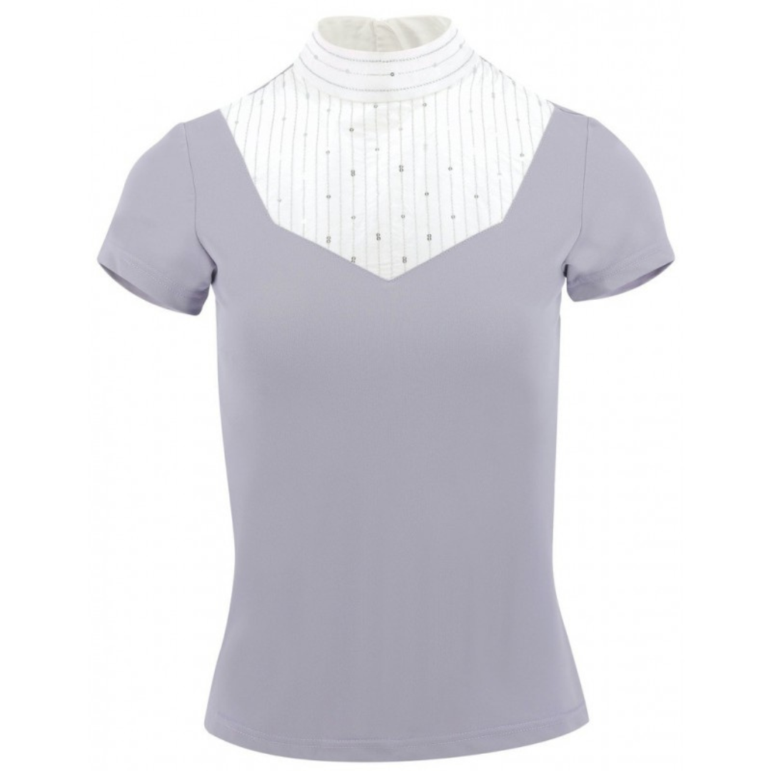 Lady with horse wearing light purple or mauve competition shirt with delicate gold trim