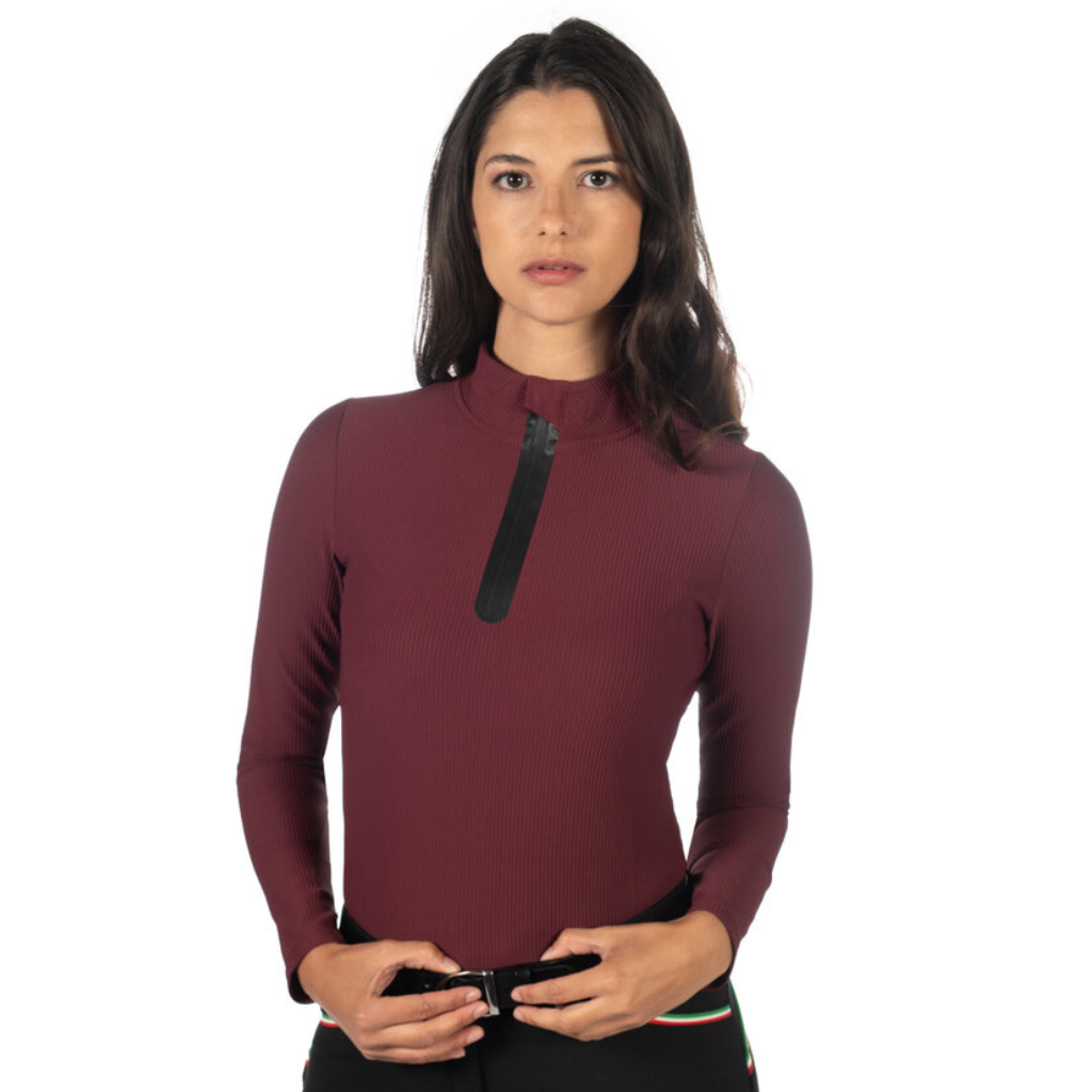 Burgundy, bordeaux long sleeve winter riding top that is soft and breathable. Can also be used as a baselayer.