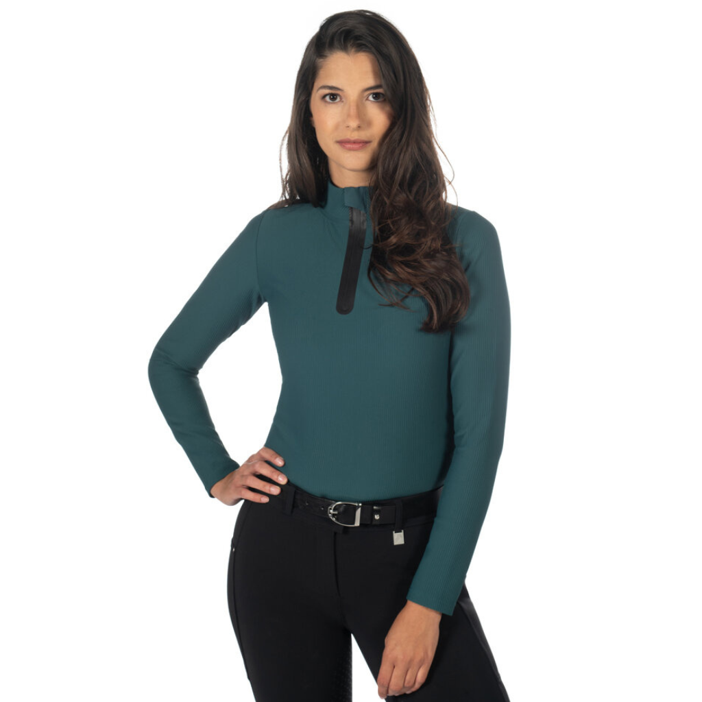 Deep bottle green (petrol) long sleeve winter riding top that is soft and breathable. Can also be used as a baselayer.