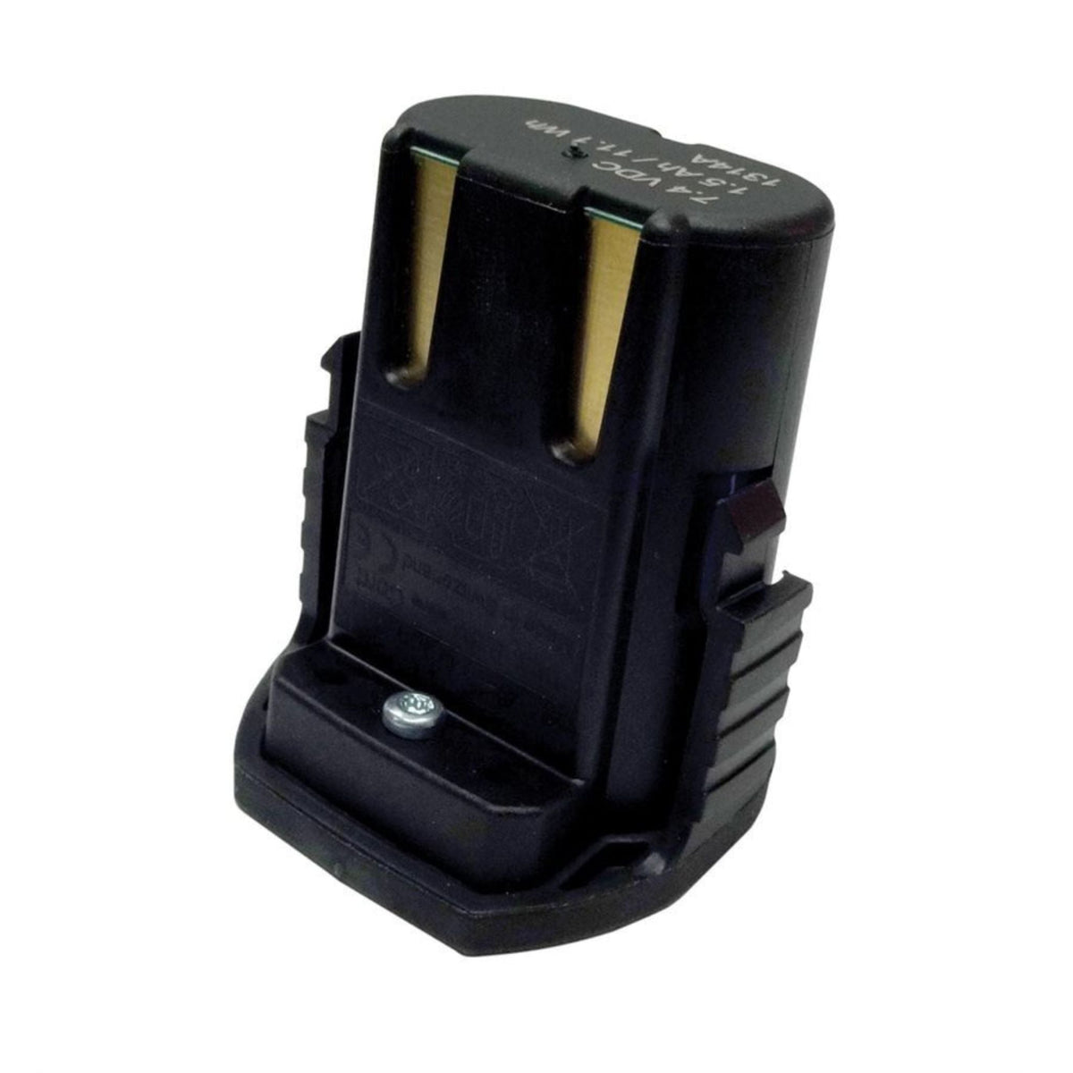 Black battery pack with silver screw and white writing on top.