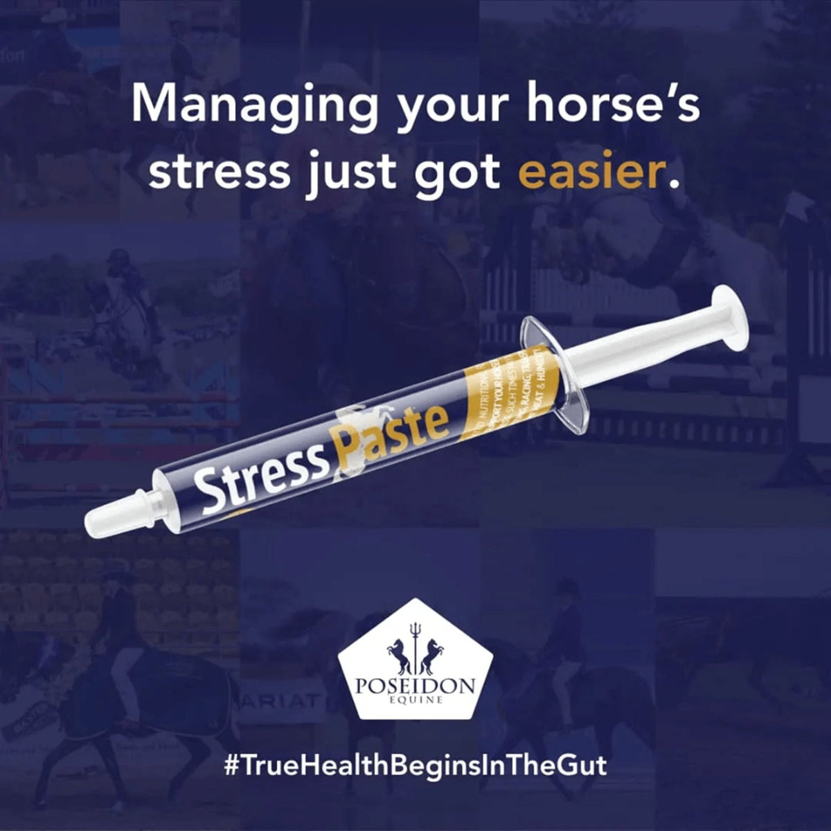 White paste syringe with dark blue and orange stress paste logo 