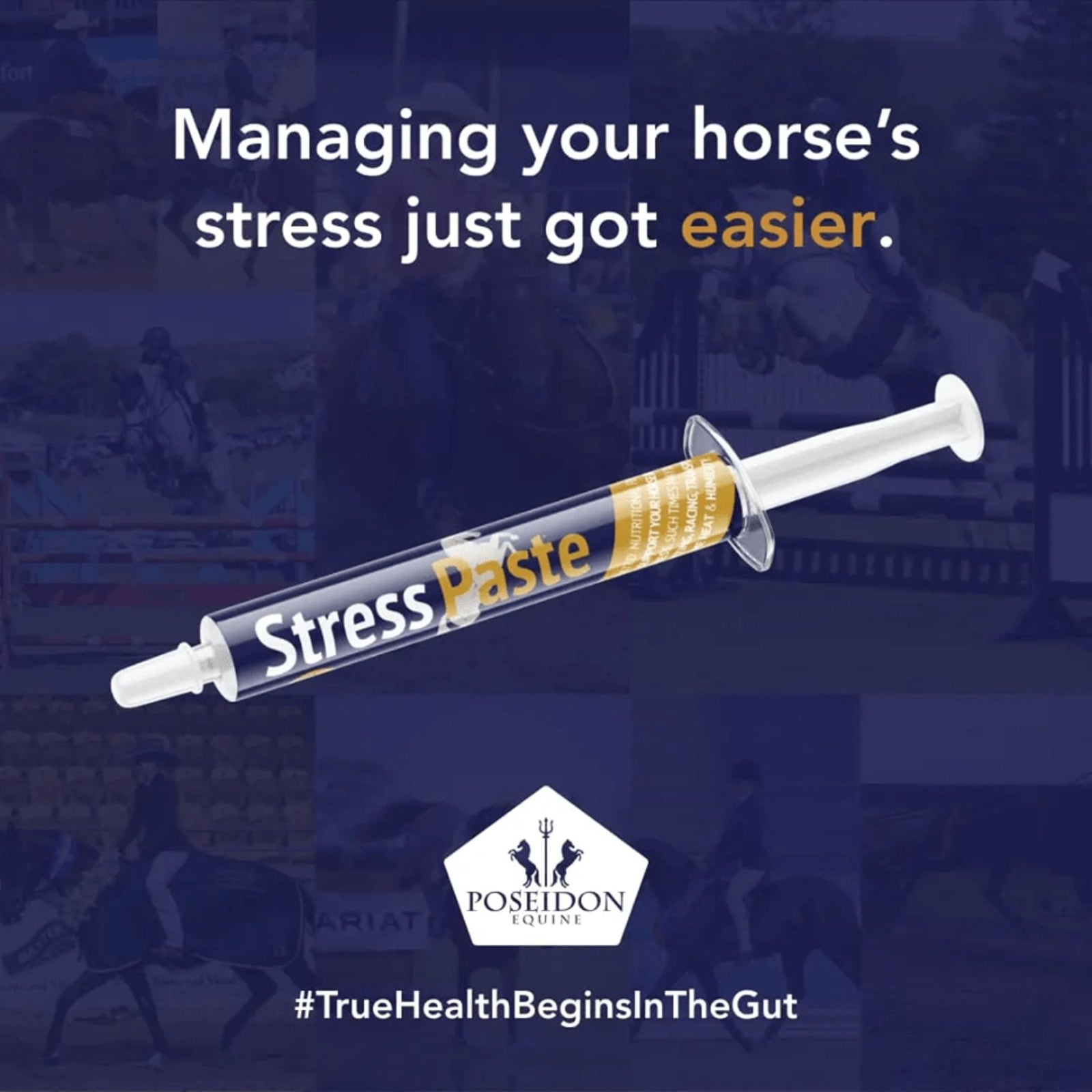 White paste syringe with dark blue and orange stress paste logo 