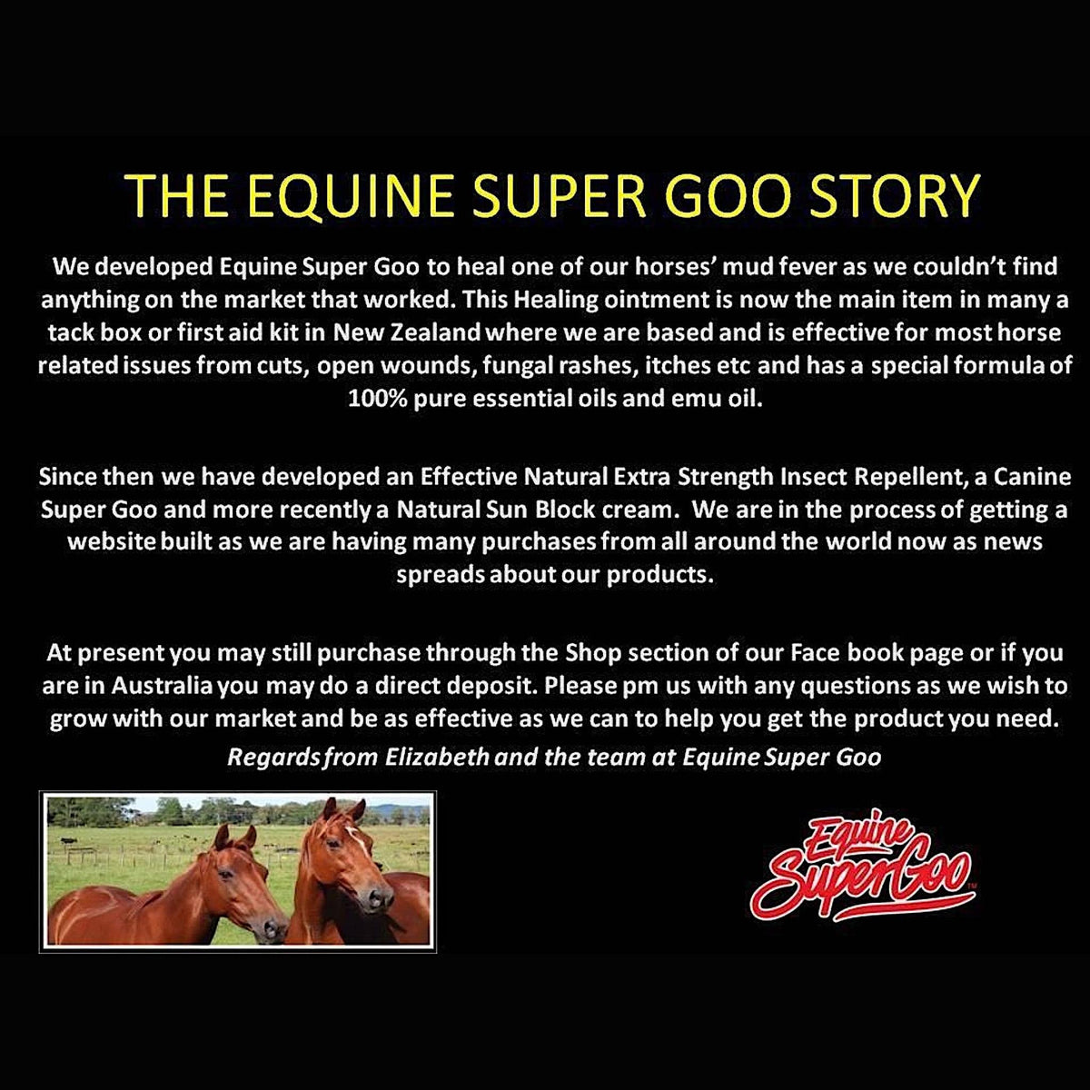 A black poster explaining the origin of the product, with the logo.