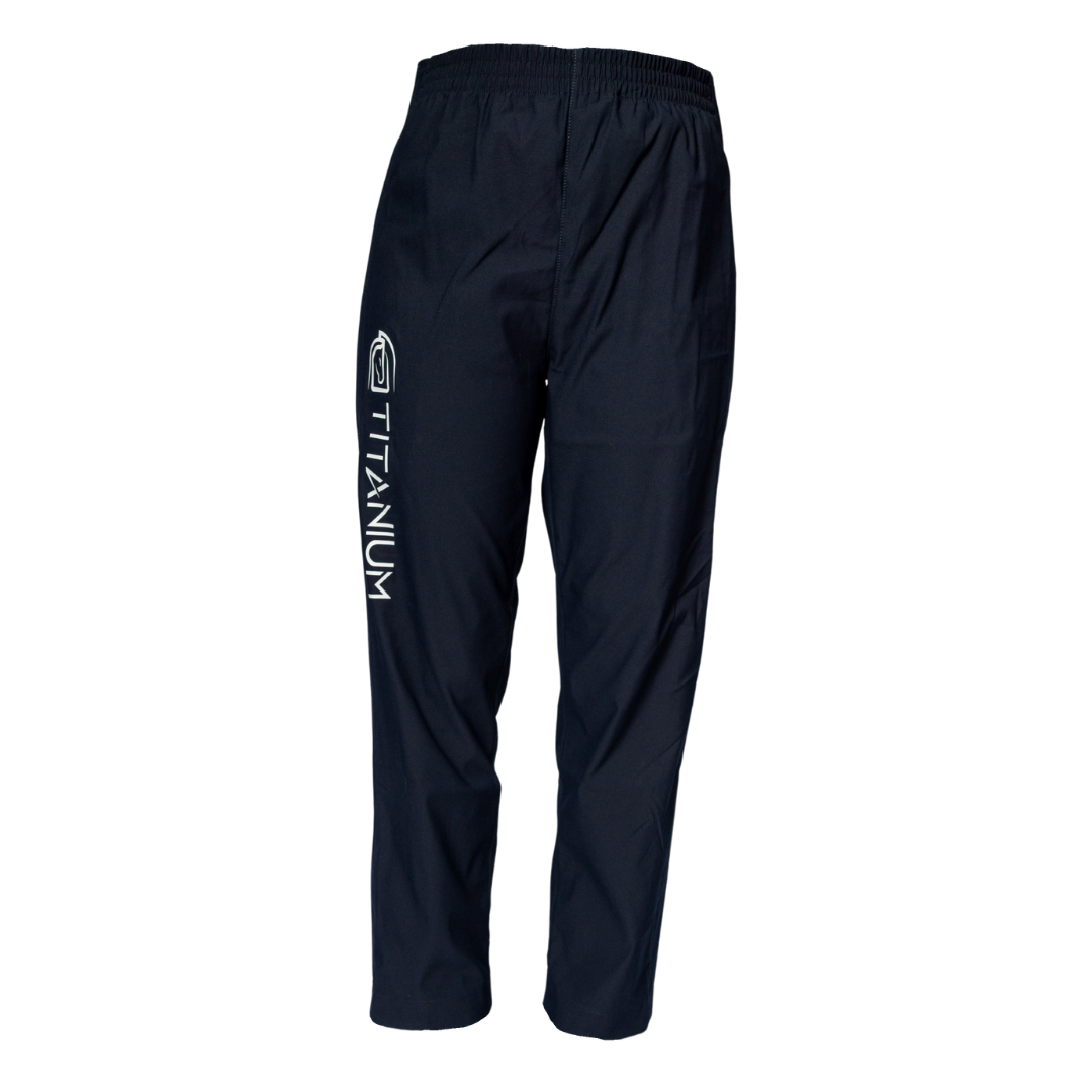 Navy over-pants with 'Titanium' logo on a white background