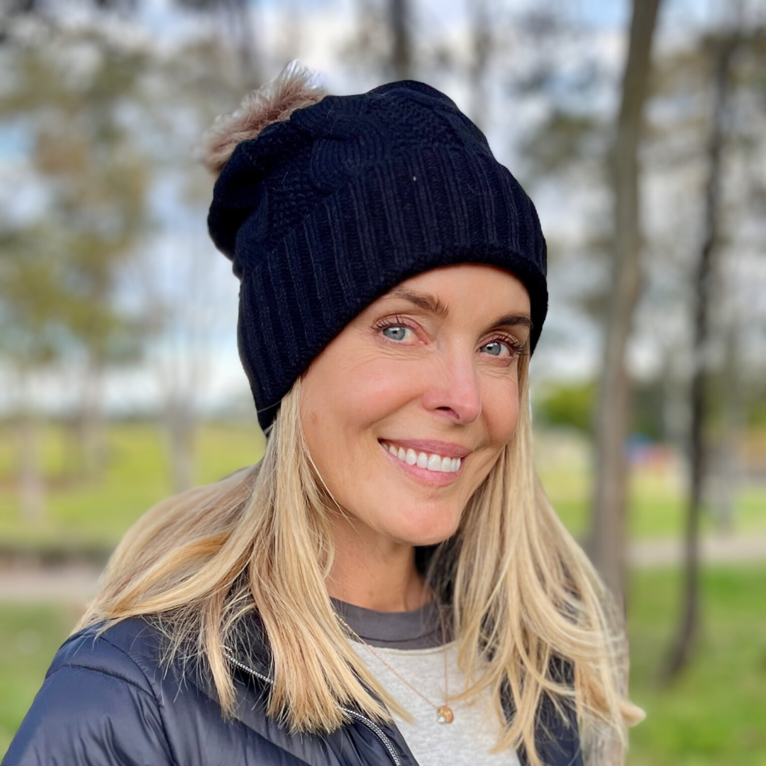 Light grey cable knit beanie