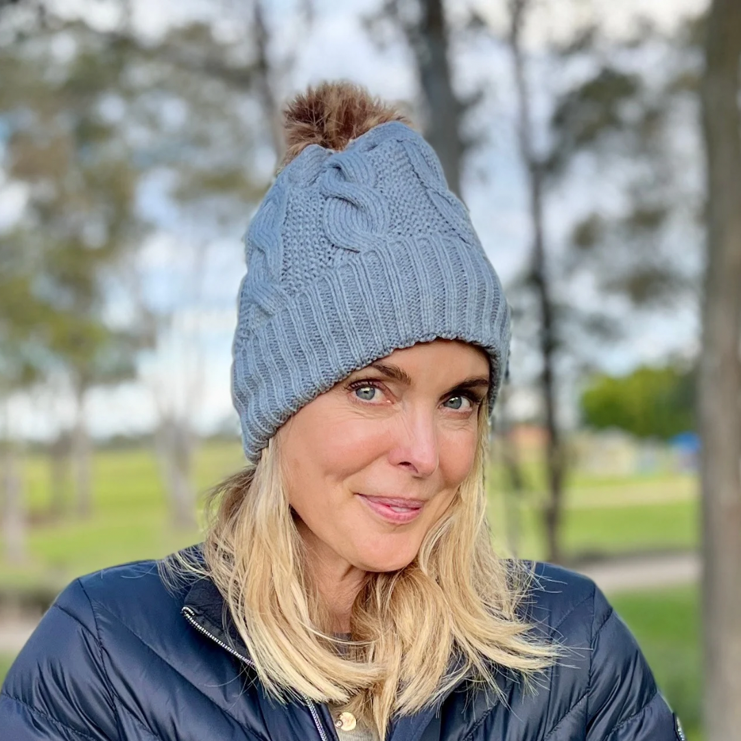 Light grey cable knit beanie