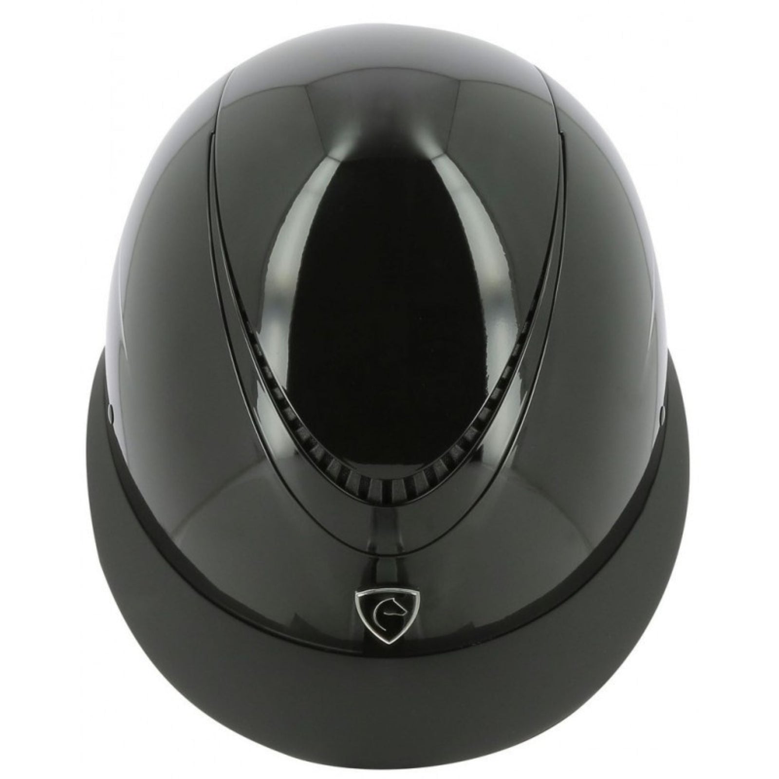 Shiny balck helmet with a wide brim and the Equitheme logo in the front middle