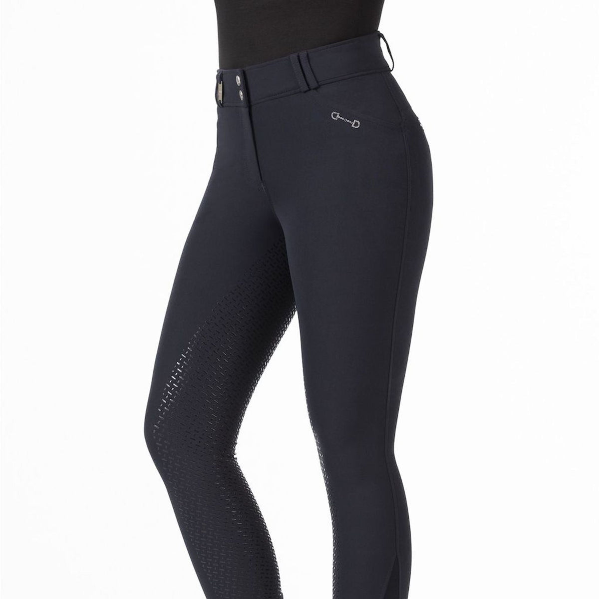Monaco crystal navy breeches with bit logo.