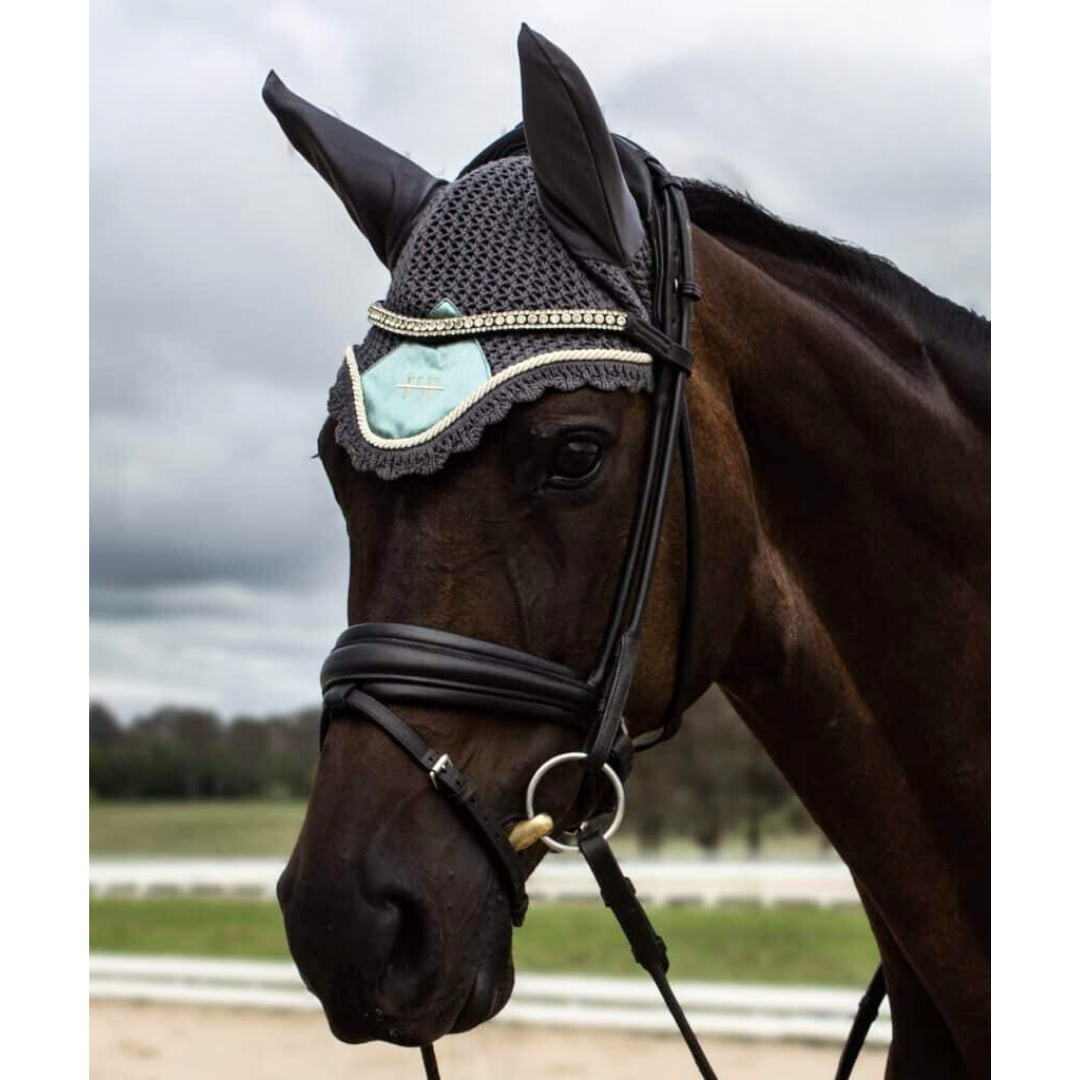 Grey bonnet with green trim on dark horse